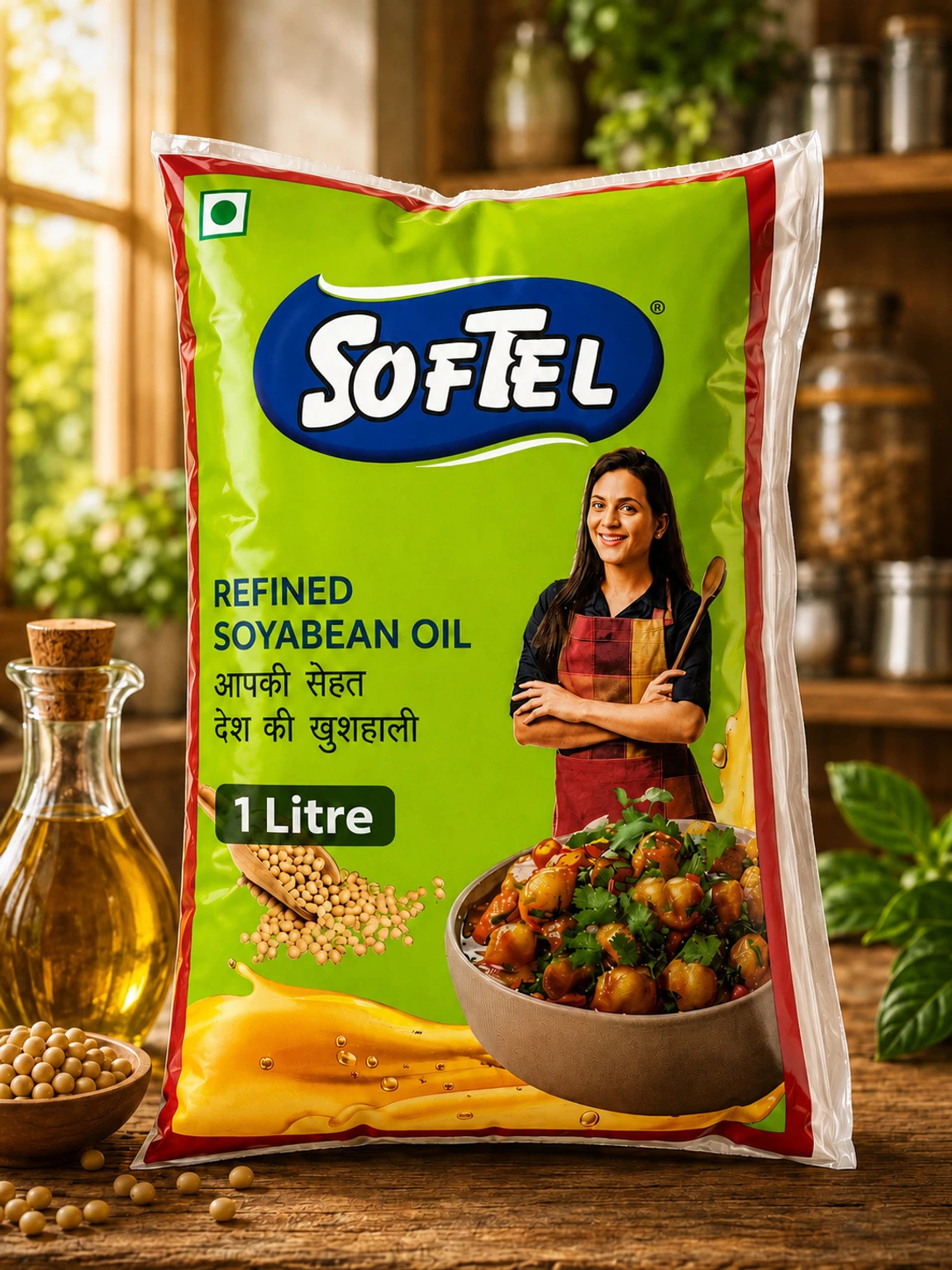 Softel Refined Soyabean Oil, 1 litre bottle, front view