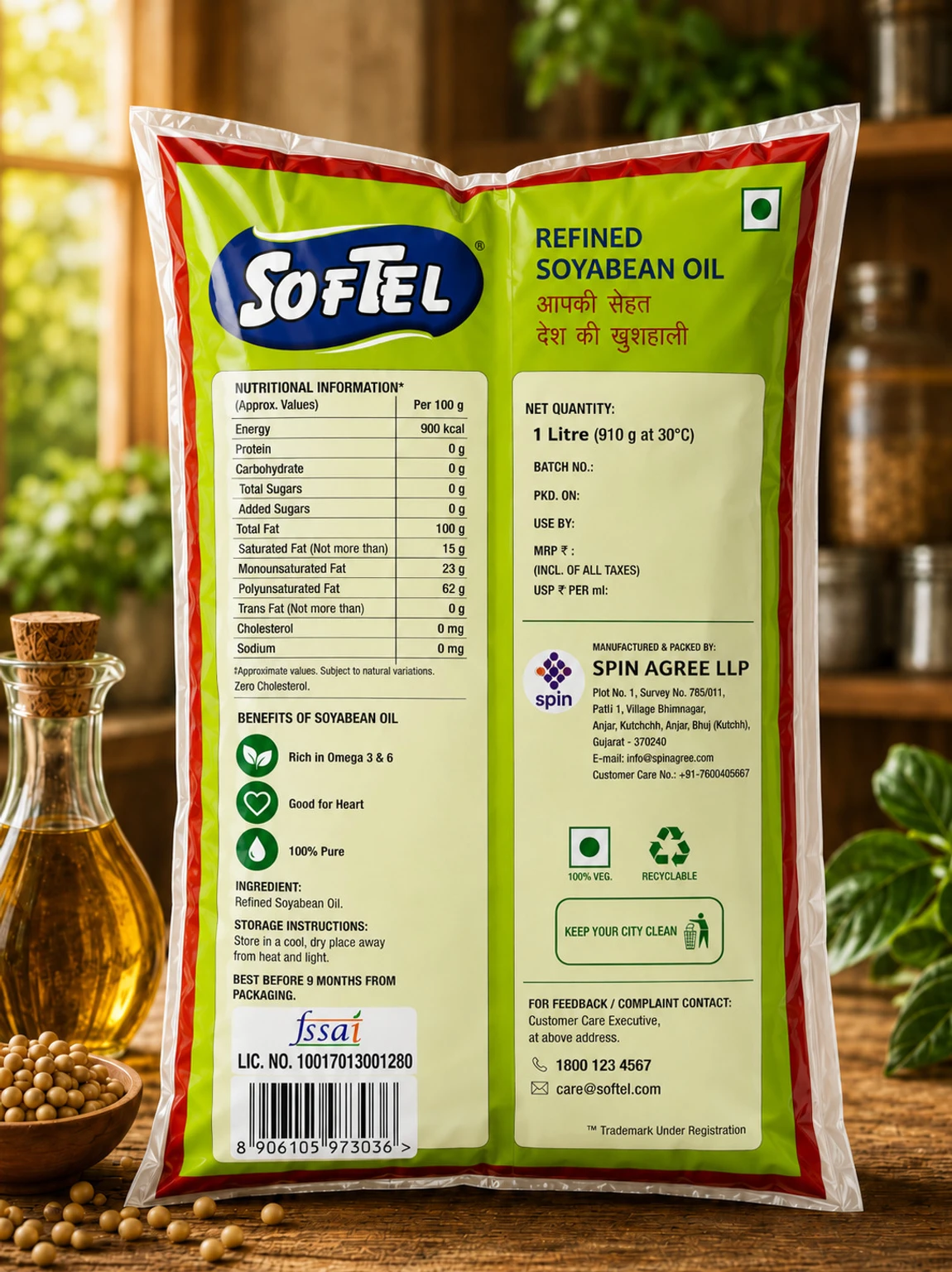 Softel Refined Soyabean Oil, 1 litre bottle, label detail
