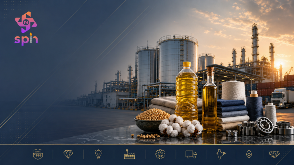 Premium corporate hero banner of Spin Agree LLP showcasing edible oil manufacturing, textile products, industrial infrastructure, logistics, and supply chain solutions with a modern refinery at sunrise.