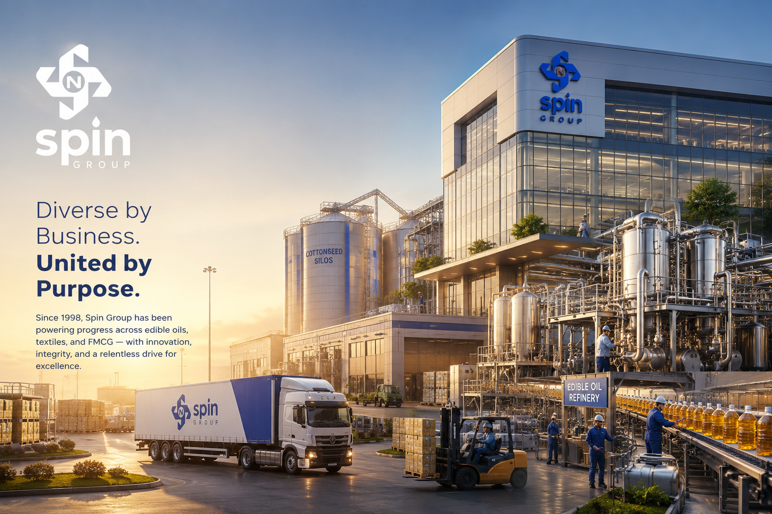 Spin Group About Us hero banner showcasing modern edible oil manufacturing, textile production, FMCG trading, logistics operations, and corporate headquarters, representing quality, trust, and diversified industrial excellence since 1998.