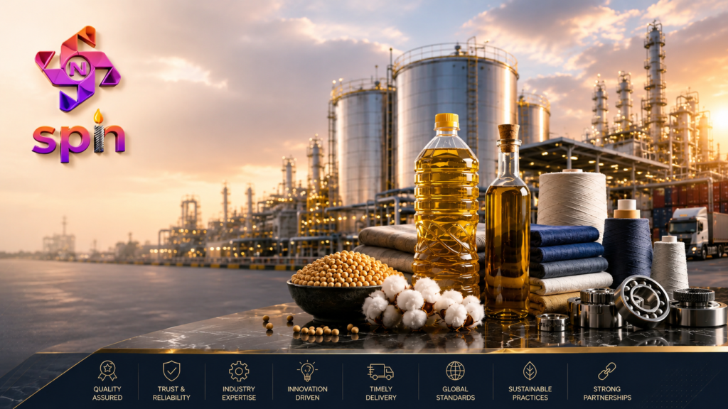 "Premium 3D corporate hero banner of Spin Group featuring edible oils, cotton, textile yarn, industrial bearings, and a modern manufacturing facility representing diversified business operations."